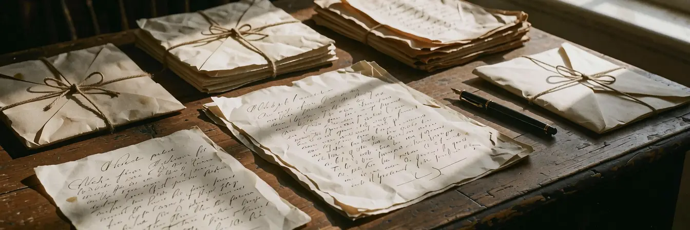 Cartas y documentos antiguos atados con cordel sobre un escritorio de madera, junto a una ventana.