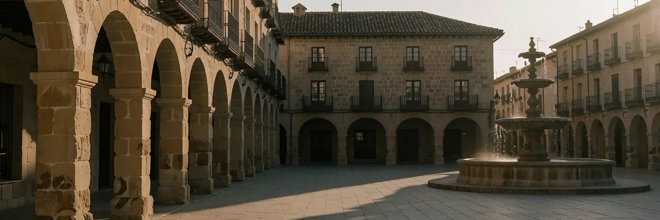 Plaza vacía de un pueblo español con soportales de piedra y una fuente, al atardecer.